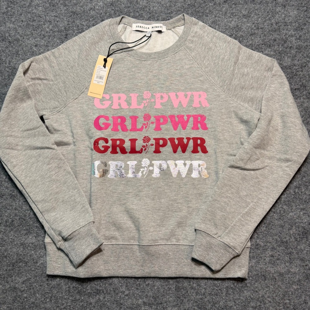 REBECCA MINKOFF GRL PWR Jennings Sweatshirt Heather Grey Graphic Pullover XS NWT